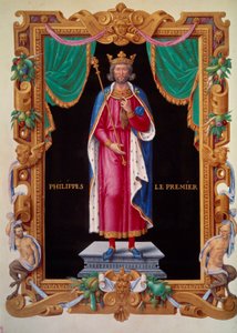 I. Fülöp francia király (1052-1108) portréja a lábán. Miniatűr a „Franciaország királyainak gyűjteményében”, Jean du Tillet alkotó: Unknown artist