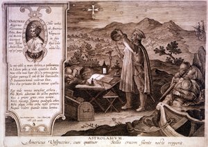 Amerigo Vespucci (1454 - 1512) olasz navigátor portréja, akit egy asztrolábium használata közben ábrázoltak. A bal oldali dobozban Dante Alighieri portréja, valamint az Isteni színjáték purgatóriuma első dalának részlete található. Metszet a 18. sz alkotó: Unknown artist