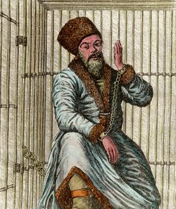 Emelian Ivanovics Pugacsov (Jemelian vagy Emilian Pugacsov) (1742-1775), az 1773-1775-ös orosz parasztháború idején (Jacquerie of the Yaik Cossacks) bebörtönzött kozákvezér portréja a népet mutatja. alkotó: Unknown artist