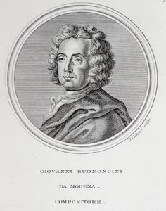 Giovanni Battista Bononcini (1670-1747) olasz barokk zeneszerző és csellóművész portréja Metszet. 18. század. Bologna, polgári bibliográfiai múzeum alkotó: Unknown artist