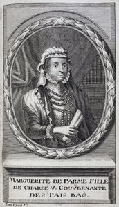 Pármai Margarita (vagy Ausztriai Margarita) (1522-1586), pármai és piacenzai hercegnő portréja, V. Károly (1500-1558) természetes lánya és Hollandia (Hollandia) nevelőnője 1559-1581 között. Metszet a „Fla háború története alkotó: Unknown artist