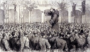 Egy kapucinus szerzetes jóslata a pelerineknek, akik Lourdes-ba érkeztek a Magas-Pireneusokban, ahol a Szűz 1858-ban megjelent Bernadette Soubirousnak (1844-1879), a jelenlegi zarándokhely. Metszet 1877-ből alkotó: Unknown artist