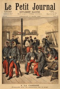 A havon való manőverekre készülve a katonákat füstszemüveges szemüveg helyett fekete korom veszi körül. Metszet a „” Le petit journal”-ban 1895.03.17. Selva gyűjteménye. alkotó: Unknown artist