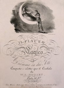 Tamino herceg megkapja az Éj Királynője elvarázsolt furulyáját, W.A. Mozart (1756-1792) „” Az elvarázsolt furulya” (Die Zauberflote) (1791) című partíciós könyvének borítóillusztrációját. Leonard de Selva kollekció. alkotó: Unknown artist