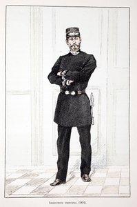 főfelügyelő (1894). Színes rézkarc, illusztrációként „” A békefenntartók hadtestének története”” című könyv Louis Lepine (1846-1933) Szajna-menti rendészeti prefektus gondozásában jelent meg Alfred Rey (1864-?) és Louis Feron (1862) gondozásában. -?) alkotó: Unknown artist