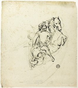 Babérkoszorúval megkoronázott puttó, ágaskodó lovon alkotó: Unknown artist