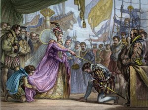 I. Erzsébet királynő (1530-1603) Francis Drake (1540-96) lovaggá ütötte – Francis Drake (1540-1596) lágyítása alkotó: Unknown artist