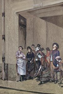 Esős idő, tető alatt álló emberek, akik arra várnak, hogy elálljon az eső, A. Bellet festménye alkotó: Unknown artist