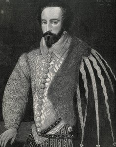 Raleigh, Sir Walter (1554-1618). Angol tengerész, felfedező és bróker. Sir Walter Raleigh portréja. Metszet 1891-ben, egy névtelen eredeti után készült, amelyet a londoni National Portrait Gallery-ben őriznek. Metszet. alkotó: Unknown artist
