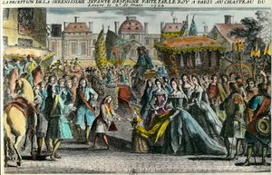 1722. március 2-án fogadta Spanyolország csecsemőjét, Marie Anne Victoire-t (1718-1781) XV. Lajos király Párizsban a Louvre-ban. Mariana Victoria de Borbon 3 évesen eljegyezte XV. Lajossal, 11 évesen. a 18. század. Magángyűjtemény alkotó: Unknown artist