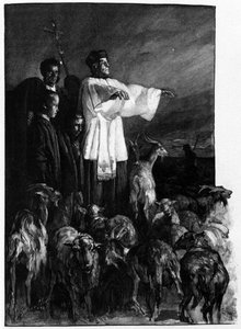 Vallási szertartások: Ördögűzés szertartása a város főterén a mennybemenetel éjszakáján. Szicília 19. századi metszet alkotó: Unknown artist