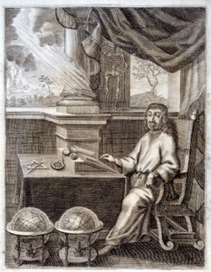 René Descartes (1596 - 1650) az irodájában tudományos felszereléssel. 17. századi metszet. alkotó: Unknown artist