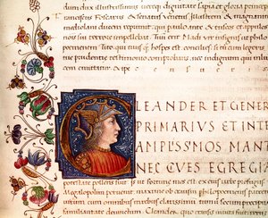 Nagy Sándor (Kr. e. 356-323) macedoina király ábrázolása Miniatűr a Plutarkhosz (i.sz. 46-125) „” Párhuzamaiból””” (MS. XV. 1) XV. század. Cesena, Biblioteca Malatestiana alkotó: Unknown artist