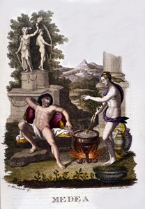 Médeia ábrázolása, aki az Argonauták ciklusa után előkészíti átkát. századi metszet. alkotó: Unknown artist