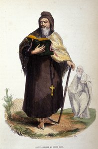 Nagy Szent Antal, az egyiptomi anachoreta (251-356), a keresztény eremitizmus megalapítója és Thébai Szent Pál ábrázolása (a thébaidei Szent Antal előtt járt volna). századi metszet. alkotó: Unknown artist