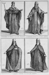 Egy moszkvai püspök ábrázolása közönséges ruhában és ünnepi ruhában. Metszés alkotó: Unknown artist