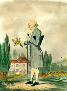 Jean Jacques Rousseau (1712-1778) svájci filozófus Ermenonville-ben virágot szedő ábrázolása. 18. századi metszet. Magángyűjtemény. alkotó: Unknown artist
