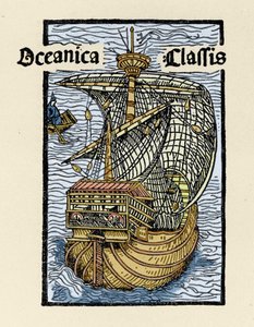 Kolumbusz Kristóf (1451-1506) Santa Maria karavellája. Metszet a „De insulis in mare Indico super inventis” könyvből, Bale 1493-1494 (Kolumbusz spanyol királynak írt jelentésének latin fordítása). alkotó: Unknown artist