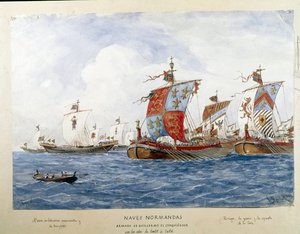 Hódító Vilmos flottájának ábrázolása a 11. században, hadihajók, kereskedelem, személyszállítás (akvarell alkotó: Unknown artist