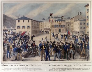 A svájci Ticino kanton forradalma 1859. december 5-én. 19. századi metszet. alkotó: Unknown artist
