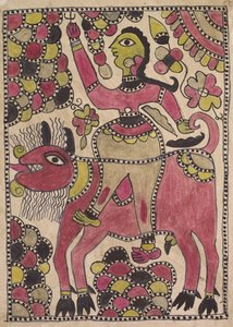 Rider és négylábú szarvasmarha lény mályva, chartreuse és fekete színben alkotó: Unknown artist