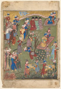 Királyi fogadás egy tájban, bal oldali fólió a firdausi (perzsa, 940–1019 vagy 1025 körül) Shahnama (Királyok könyve) kettős előlapjáról alkotó: Unknown artist