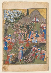 Királyi fogadás egy tájban, jobb oldali fólió a firdausi (perzsa, 940–1019 vagy 1025 körül) Shahnama (Királyok könyve) kettős homlokzatáról (fordítva) alkotó: Unknown artist