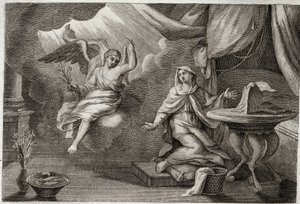 Royaumont Biblia, Újszövetség: A Szűz Angyali üdvözlete. Gábriel arkangyal azért jött, hogy üzenetet vigyen át Máriának. Illusztráció 1811-ből. alkotó: Unknown artist