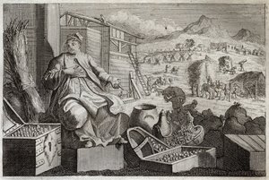 Royaumont Biblia, Újszövetség: A gazdagság őrülete vagy A gazdag ember példázata. Jézus Krisztus egy gazdag ember hiúsága ellen szól, aki megtapsolta magát hatalmas vagyonában, és másnap este meghalt. Illusztráció 1811-ből. alkotó: Unknown artist