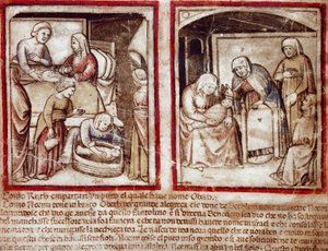 Ruth megszüli Obedet (Obeth), Boáz (Booz) fiát. Miniatűr a 212-es kódexből (vagy padovano kódexből vagy padovai Bibliából) 1390-1400 Rovigo, Accademia dei Concordi alkotó: Unknown artist