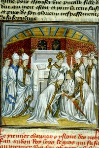 VI. Lajos szentsége (1108) – Kézirat megvilágítása a középkori „”Saint-Denis nagy krónikái”” 14. század végi velinre (ref.512) alkotó: Unknown artist