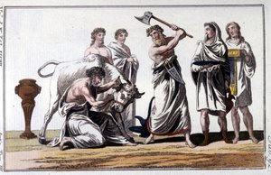 Egy bika feláldozása a kelták között. 19. századi metszet. alkotó: Unknown artist