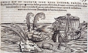 A tengerészek hordókat dobnak a tengerbe, hogy elvonják az üldöző szörnyek figyelmét. Conrad Gesner (1516-1565), Tiguri „Historia Animalium” című metszete alkotó: Unknown artist