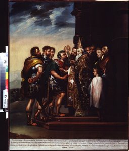 Szent Ambrus és I. Theodosius császár (Szent Ambrus és Theodosius császár). I. Theodosius (Flavius ​​Theodosius vagy Nagy Theodosius (347-395), római császár 379-től 395-ig) kiközösítése Milánói Ambrose (Aurelius Ambrosius, 340-397) által. Festett alkotó: Unknown artist