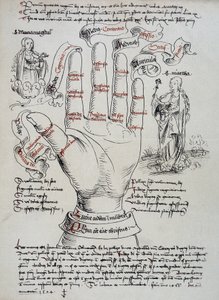 Szent Brigitte, aki látnoki ajándékaival rendelkezik, segítségül hívják, hogy megtudja egy személy halálának dátumát, olvassa a kéz vonalait. Szent Mária Magdolna és Márta megjelenik a kéz mindkét oldalán. alkotó: Unknown artist