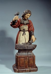 Szent Crepin a cipészek patrónusa. Névtelen szobor, polikróm fa alkotó: Unknown artist