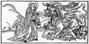 Szent Márta és a Tarasque - Metszet a „Leben der Heiligen - sommerteil” (A szent könyvéből) voragine-i Jacobus (James) (1228-1298) könyvéből. Lübeck 1488. alkotó: Unknown artist
