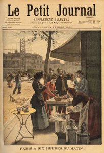 Leves- és tejkávé eladónő, reggel 6-kor a kocsma ajtaja alatt a párizsi munkások szabadtéri reggelijére. Metszet a „” Le petit journal”-ban” 1895.07.14. Selva gyűjteménye. alkotó: Unknown artist
