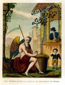 Mondások: „Idővel és szalmaperemekkel a nyak és a makk”” (az idő mindent elpusztít), Illusztráció közmondásgyűjteményből. 19. század alkotó: Unknown artist