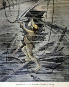 Scaphandrier roncsokat keres Le Havre-ban. az 1892-es „Petity Journal” illusztrációja. alkotó: Unknown artist