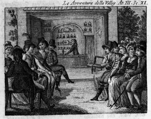 Carlo Goldoni (1707-1793) „Avventure della villeggiatura” (A város kalandjai) (1756) című képregény III. felvonásának 11. jelenete. 18. századi metszet alkotó: Unknown artist