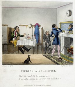 Három férfit ábrázoló jelenet egy angol étteremben. Egyikük (az ülő férfi részegen) ironikusan bocsánatot kér a tükörben magát nézegető férfitól, amiért ellopta a rá eső csirkét. M. E. illusztrációja a 19. század végéről. alkotó: Unknown artist