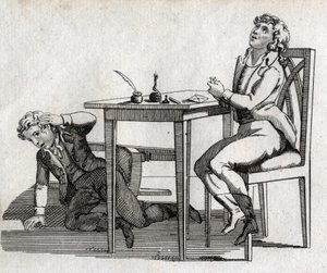 Az iskolásoknak van egy asztaluk tintatartóval. 18. század végi metszet. Magángyűjtemény. alkotó: Unknown artist