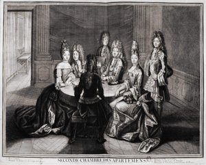 Az apartmanok második szobája (Versailles): 1. Monsignor, 2. Madame of Conty Dowager hercegnője, 3. Monsieur le Duke de Bourbon, 4. Bourbon hercegné, 5. Monsieur de Vandôme, Franciaország nagypriorja. Trouvain metszete, 18. század eleje alkotó: Unknown artist