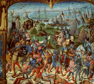 Hetedik keresztes hadjárat (1248-1254). IX. Lajos (Szent Lajos) (1215-1270), francia király, az átkelőkkel, miután 1250-ben a szaracénok legyőzték Manszúránál. Visszavonultak Damaszkusz tornyai mögé. IX. Lajos és két testvére fogságba esik alkotó: Unknown artist