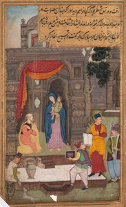 Simeon letérdel Mária és Jézus előtt, miután felismerte őket, Jerome Xavier atya szentségtükréből (Mir’at al-quds) alkotó: Unknown artist