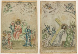 Egyetlen levél a "Biblia Pauperum"-ból: tövisekkel koronázott Krisztus (recto) Krisztus keresztet hordozó (verso) alkotó: Unknown artist