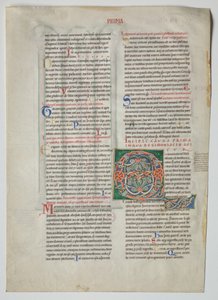 Egyetlen levél egy Gratianus Decretumból: Díszített kezdőbetű Q[uidam Habens Filium Obtulit] és négyes árkád görög és latin ábécé összhangjával alkotó: Unknown artist
