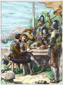 Sir Walter Raleigh Trinidadban, információkat kap a spanyol katonáktól Guyanával kapcsolatban, 1595. - Walter Raleigh expedíciója alkotó: Unknown artist