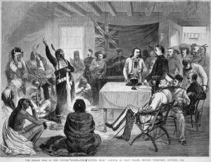 Sitting Bull and Buffalo Bill: Sitting Bull Council a Fort Walsh-ban, Brit Területen, az indiánokkal vívott háború alatt, 1877. október alkotó: Unknown artist
